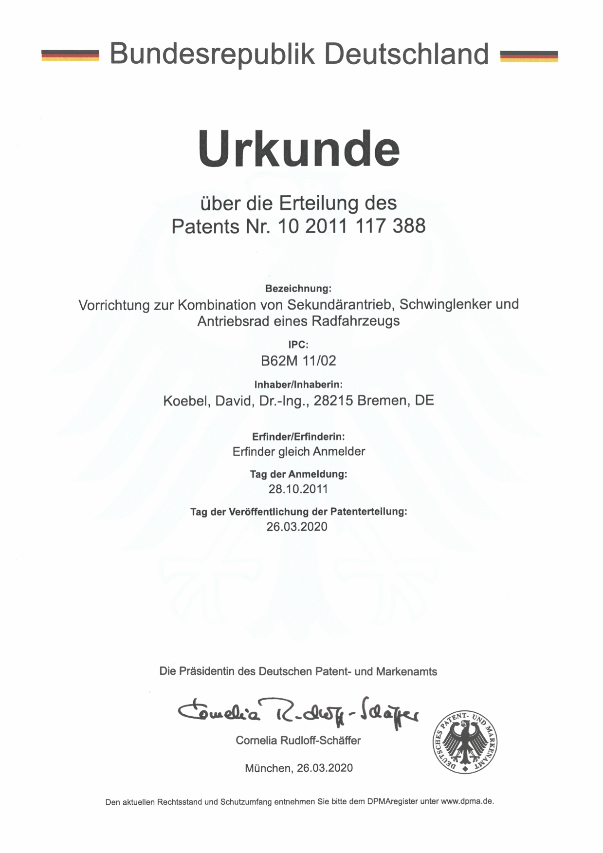 Patenturkunde AZ 10 2011 117 388